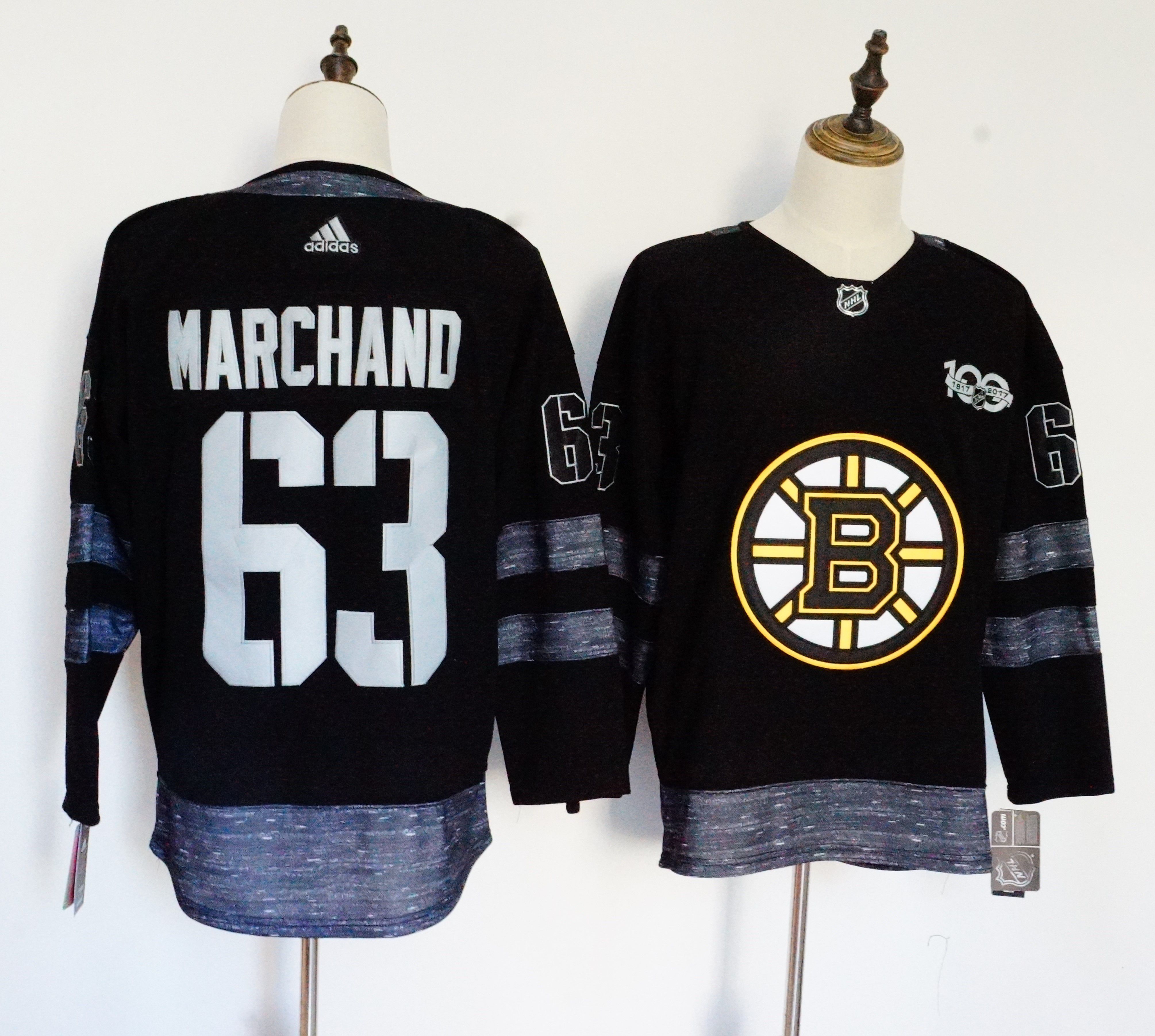 Men Boston Bruins #63 Marchand Black 100th Anniversary Stitched Adidas NHL Jerseys->boston bruins->NHL Jersey